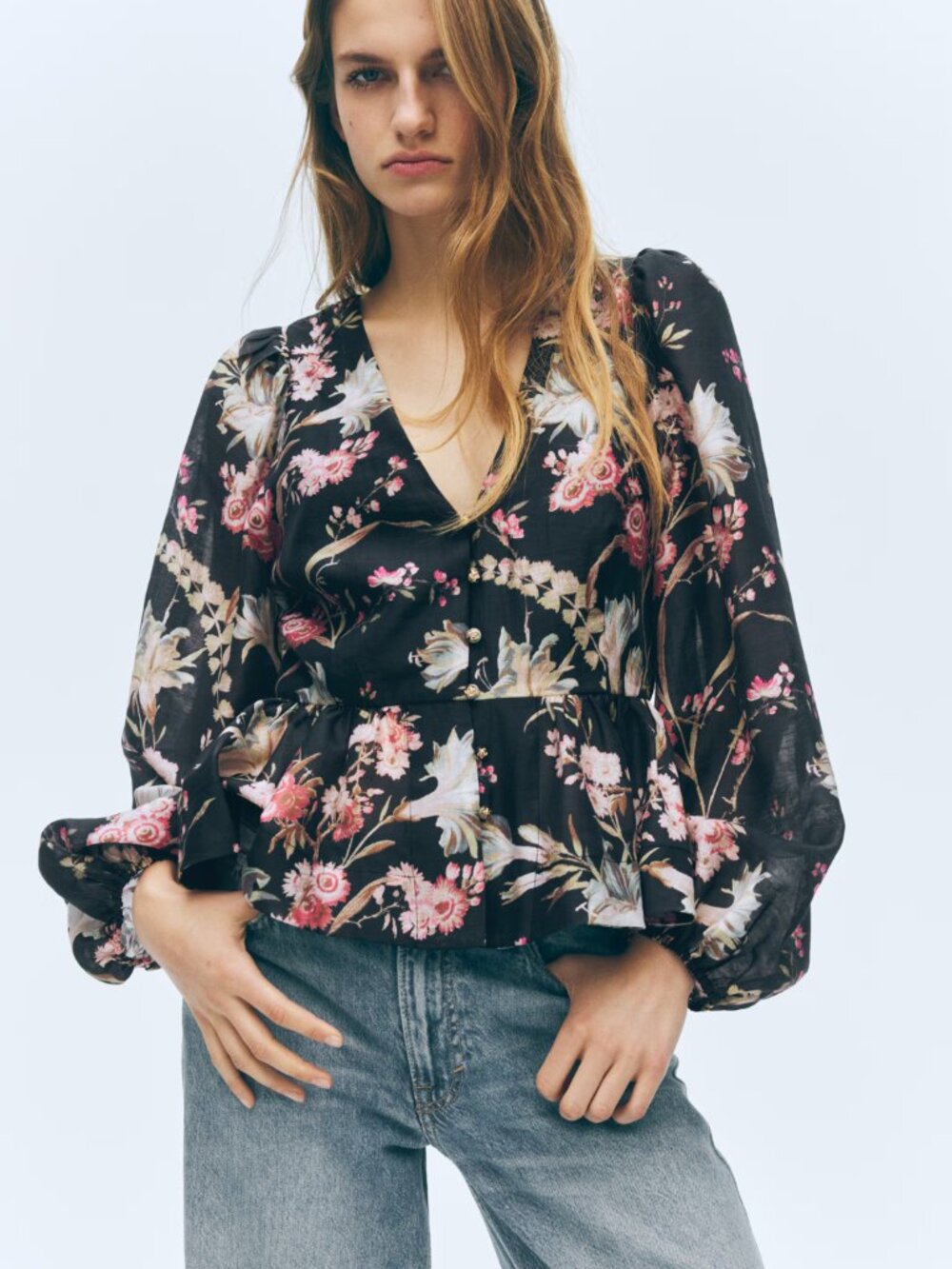 Romantic Linen-Blend Floral Peplum Blouse | Cottagecore Editorial Style | NWT |
